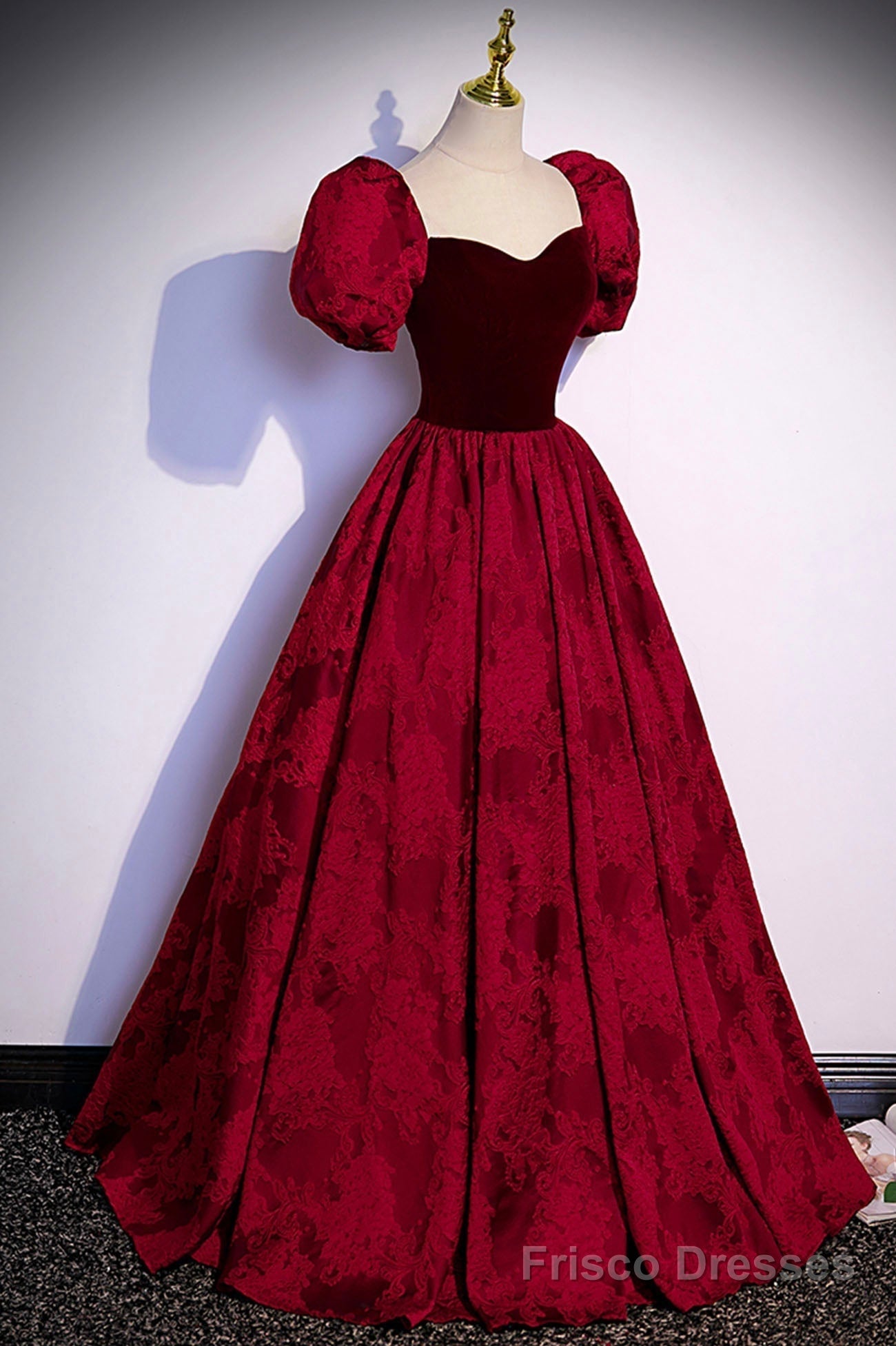 Burgundy Velvet Long A-Line Prom Dress, Short Sleeve Evening Dress Secondary image