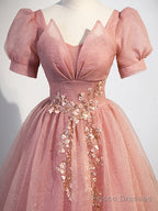 Pink Tulle Floor Length Prom Dress with Short Sleeve, Beautiful A-Line Evening Dress