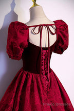 Burgundy Velvet Long A-Line Prom Dress, Short Sleeve Evening Dress