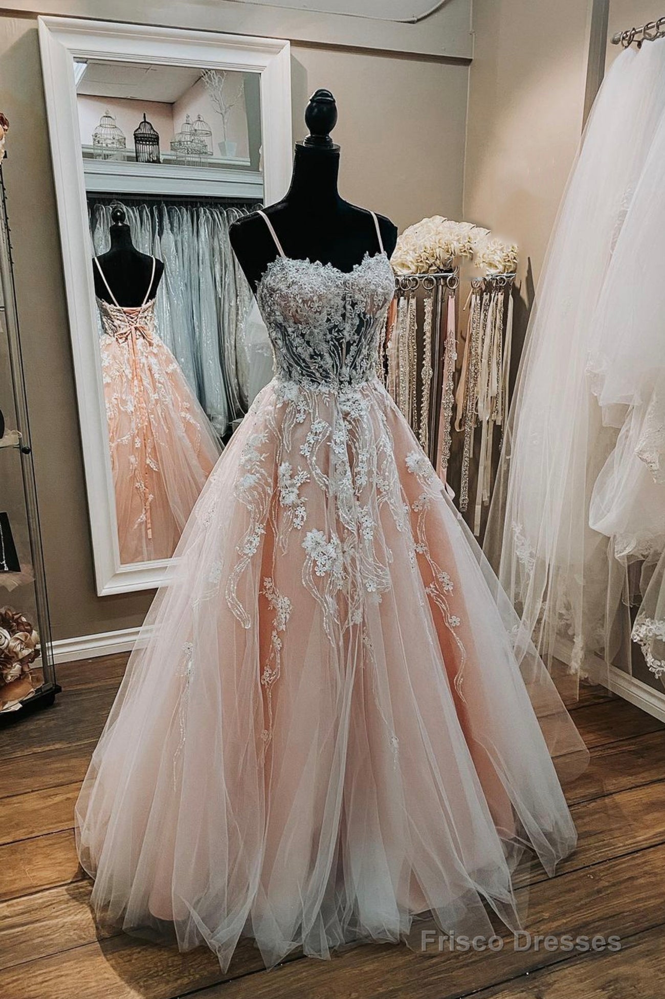 Pink Sweetheart Neck Lace Long Prom Dresses, A-Line Formal Dresses Main image