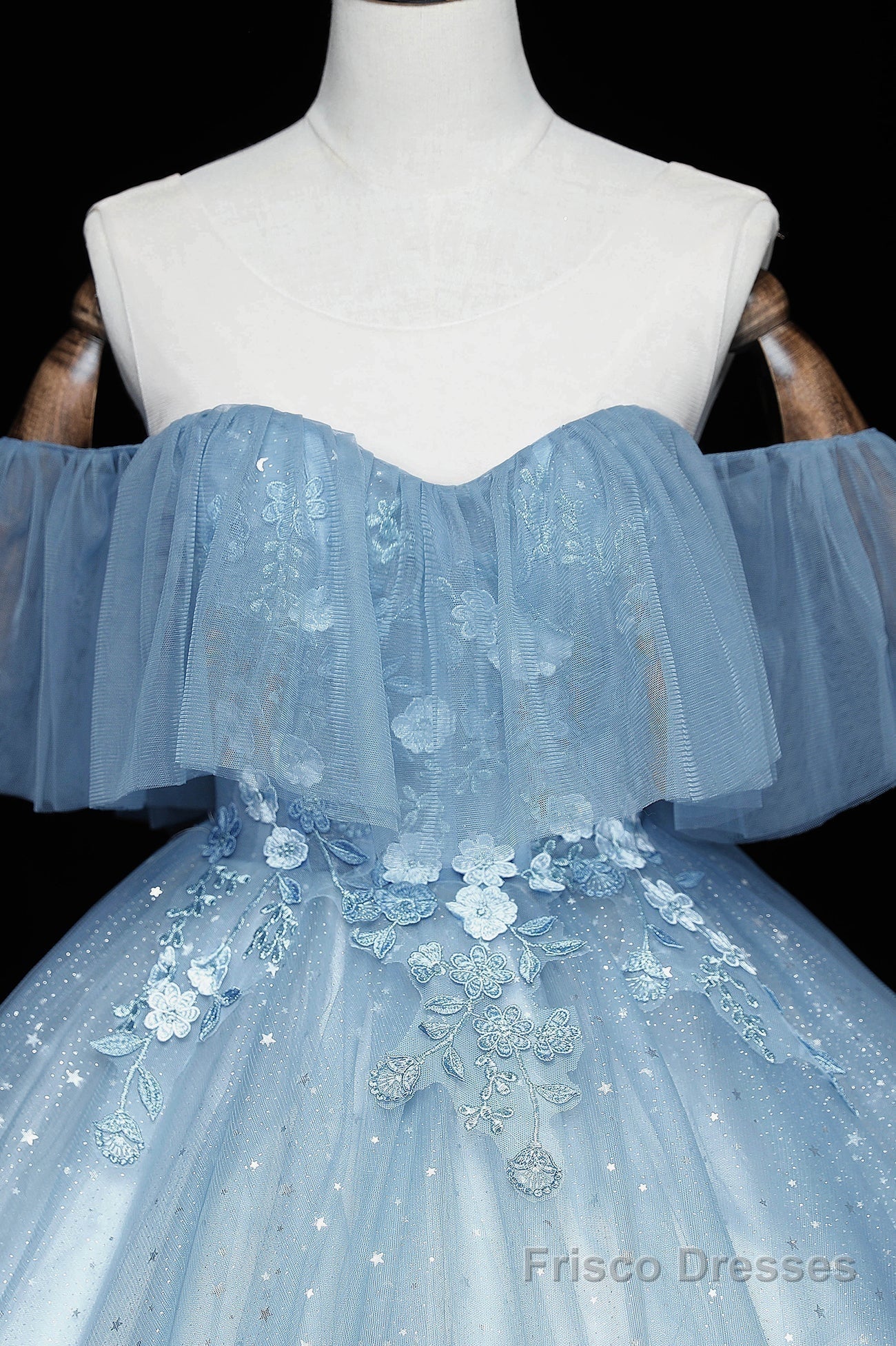 Blue Tulle Lace Long Prom Dresses, A-Line Off the Shoulder Evening Dresses Secondary image
