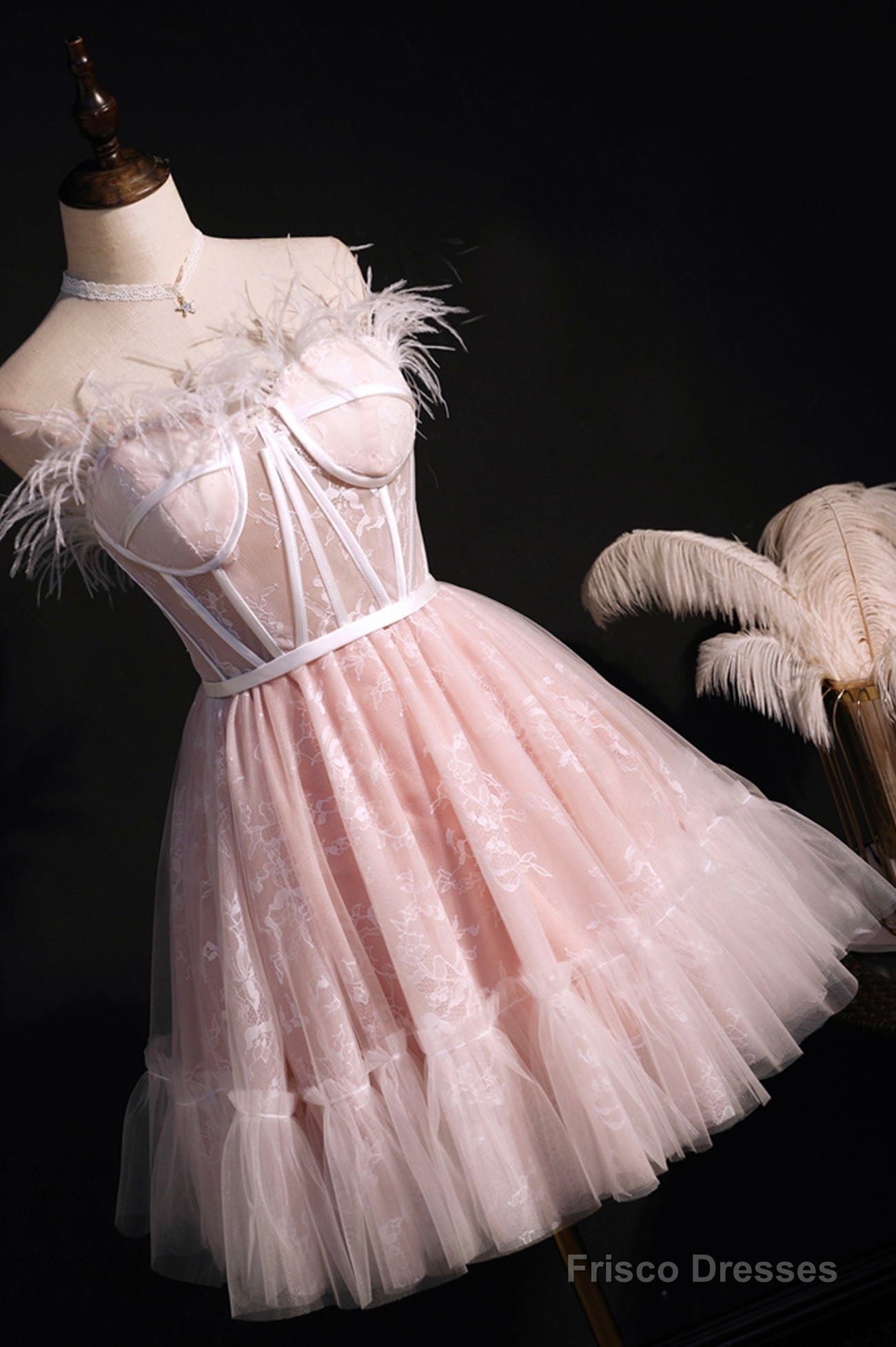 Pink Strapless Lace Short Prom Dress, A-Line Party Dress with Feather Main image