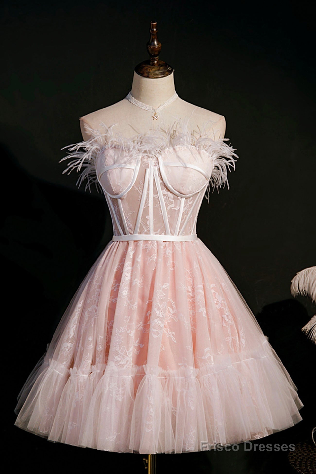 Pink Strapless Lace Short Prom Dress, A-Line Party Dress with Feather