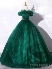 Green Off Shoulder Tulle Formal Dress, A-Line Long Prom Dress