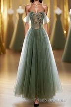A-Line Green Tulle Long Formal Prom Dress, Off the Shoulder Evening Party Dress
