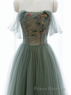 A-Line Green Tulle Long Formal Prom Dress, Off the Shoulder Evening Party Dress
