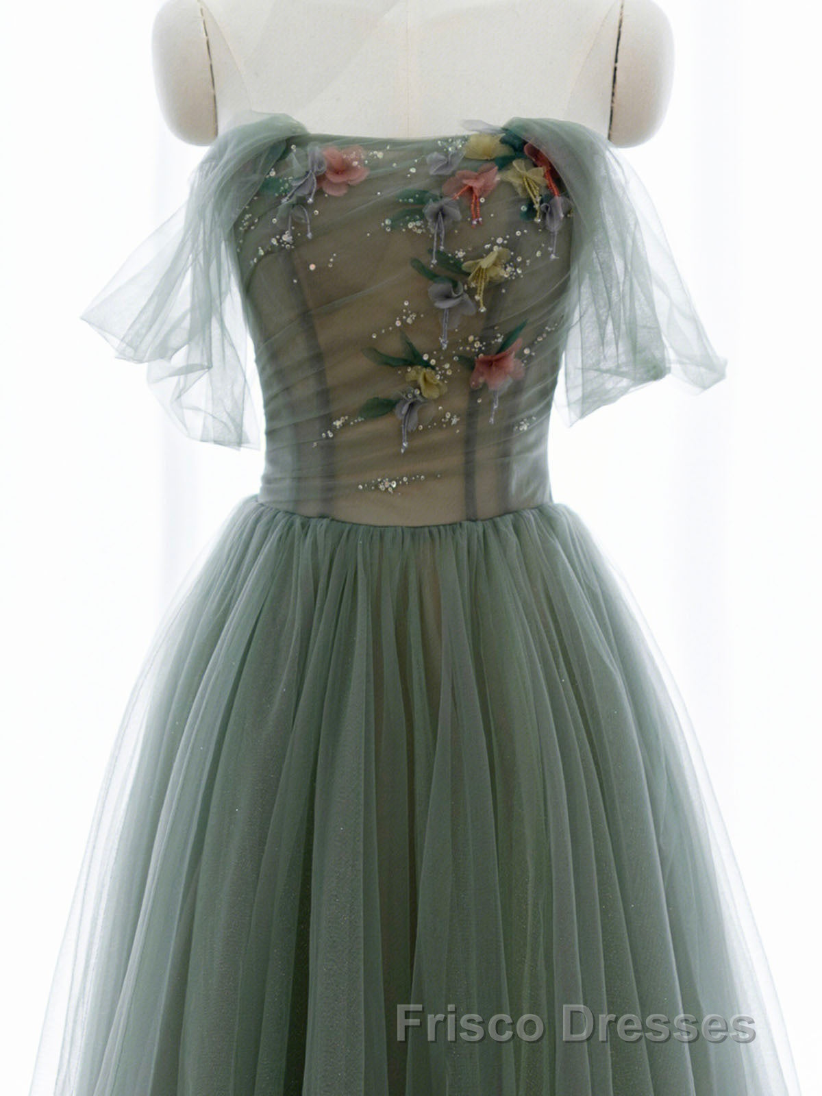 A-Line Green Tulle Long Formal Prom Dress, Off the Shoulder Evening Party Dress