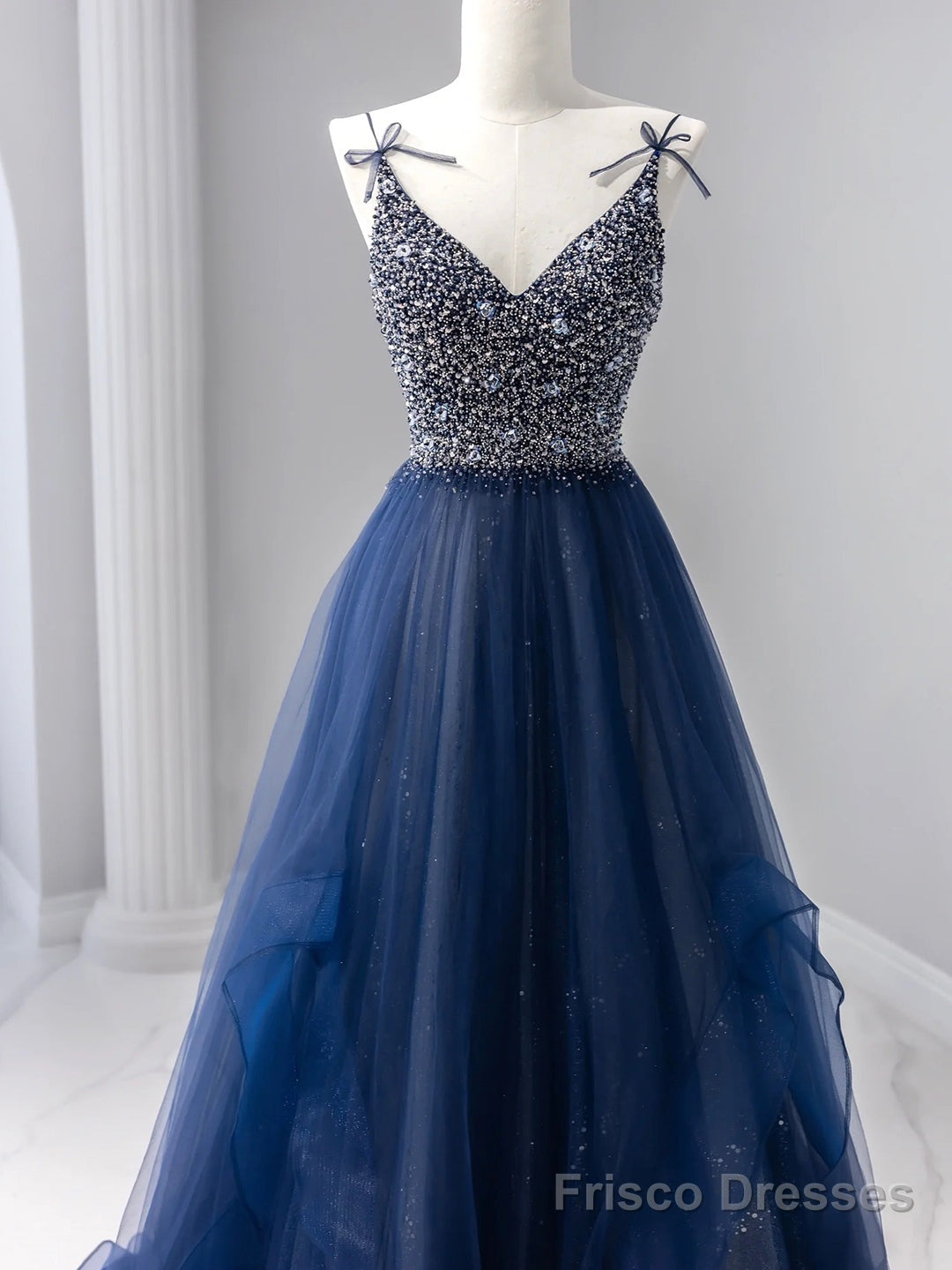 Blue Tulle Beaded Long Prom Dress, A-Line Spaghetti Strap Formal Evening Dress Secondary image