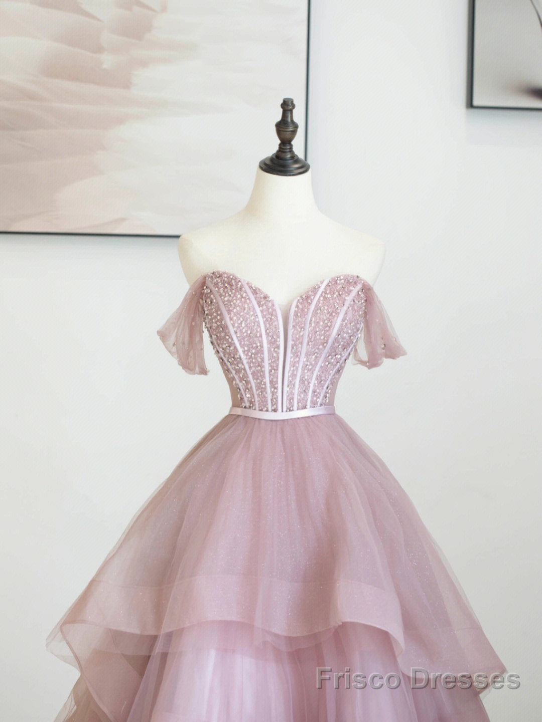 Pink Tulle Sequins Long Prom Dress, Off Shoulder Evening Dress Secondary image