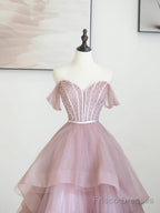 Pink Tulle Sequins Long Prom Dress, Off Shoulder Evening Dress