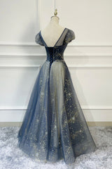 Blue Scoop Neckline Tulle Long Prom Dress, A-Line Evening Dress