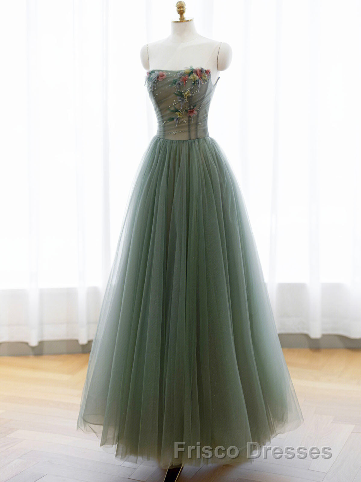 A-Line Green Tulle Long Formal Prom Dress, Off the Shoulder Evening Party Dress