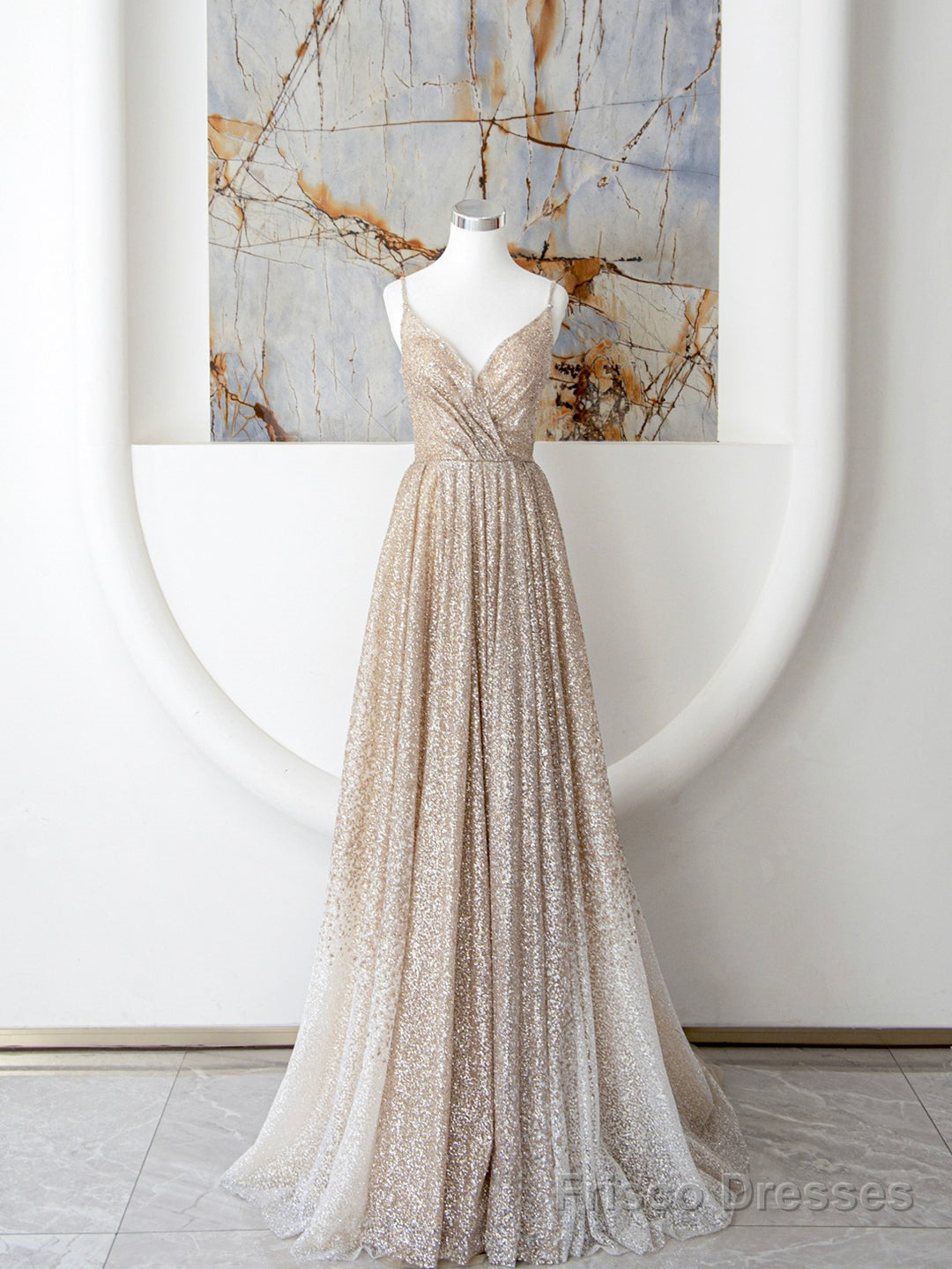 Champagne Spaghetti Strap Sequins Long Prom Dress, Shiny V-Neck Evening Dress Main image