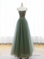 A-Line Green Tulle Long Formal Prom Dress, Off the Shoulder Evening Party Dress