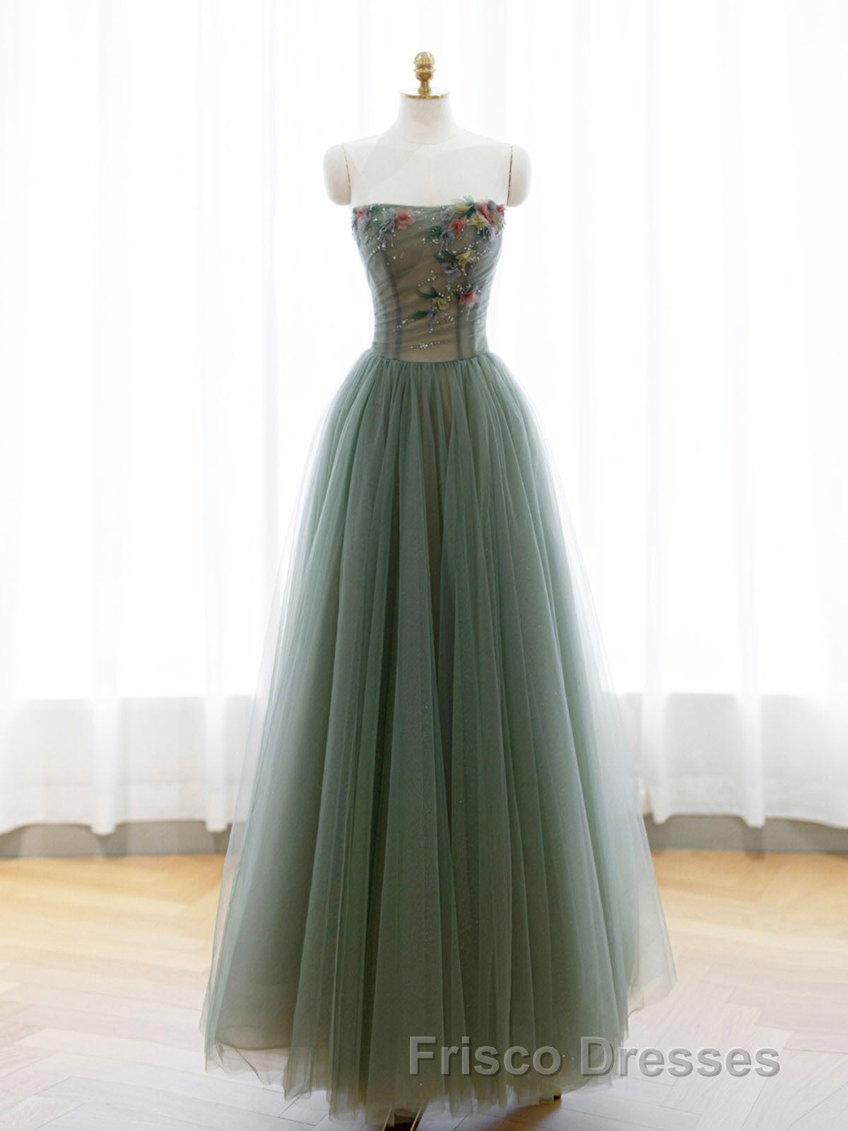 A-Line Green Tulle Long Formal Prom Dress, Off the Shoulder Evening Party Dress