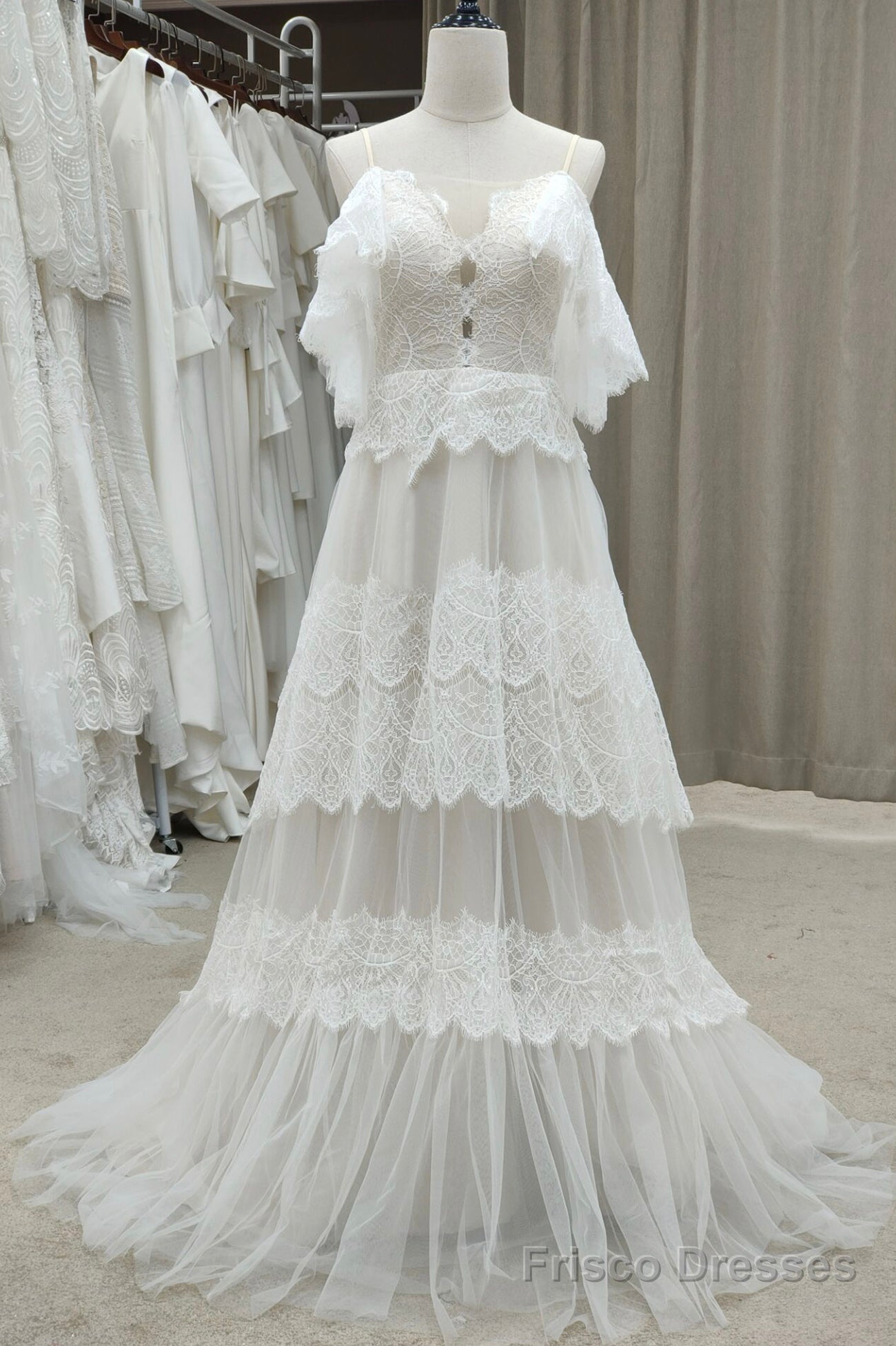 Ivory Spaghetti Straps Tulle Lace Long Prom Dress, A-Line Evening Dress Main image