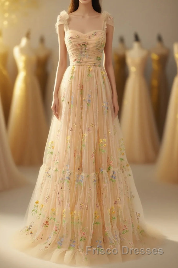 Champagne Lovely Tulle Lace Long Formal Prom Dress, Champagne Evening Dress