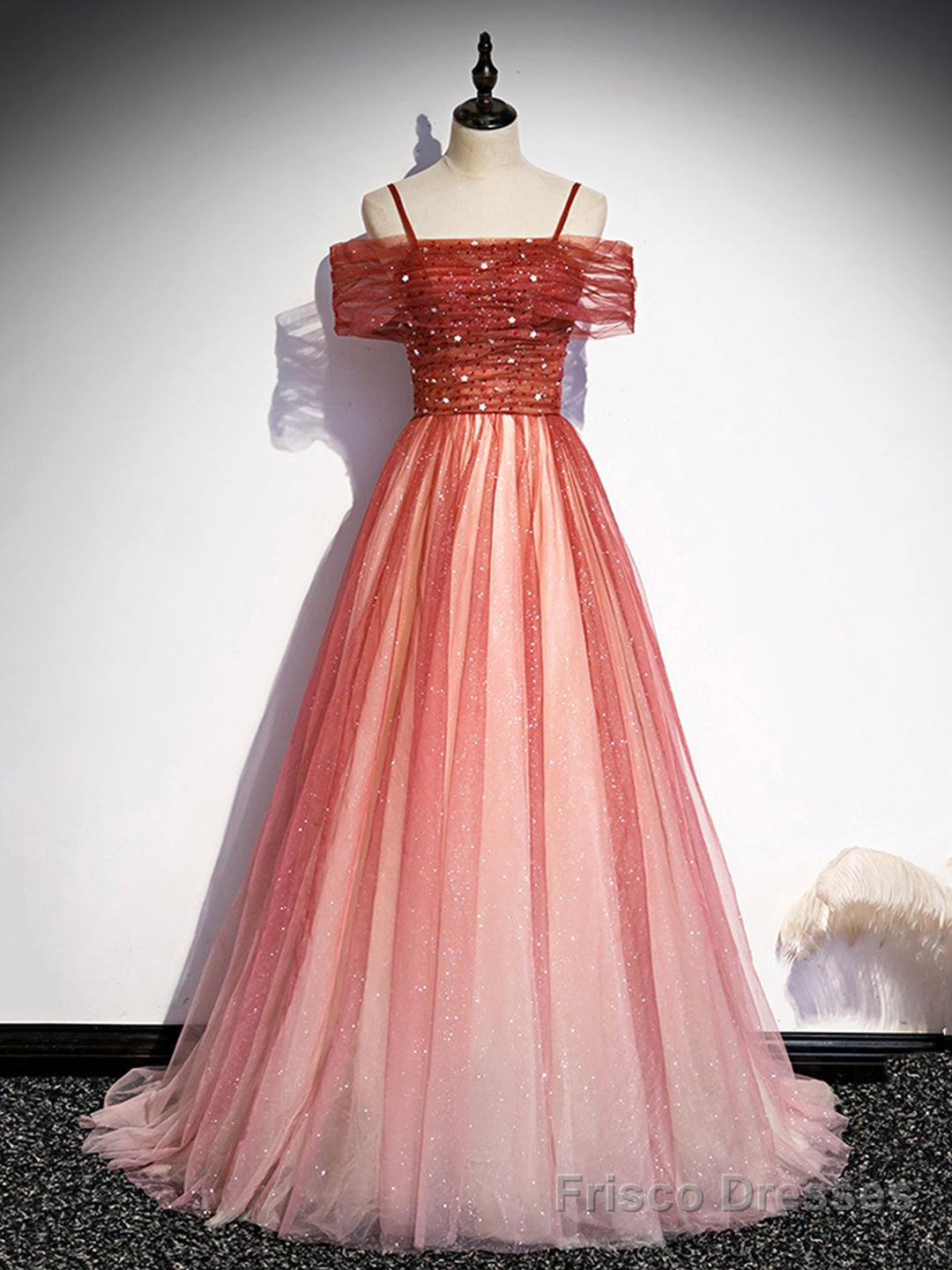 Burgundy Tulle Long Prom Dress, A-Line Off Shoulder Evening Dress Main image
