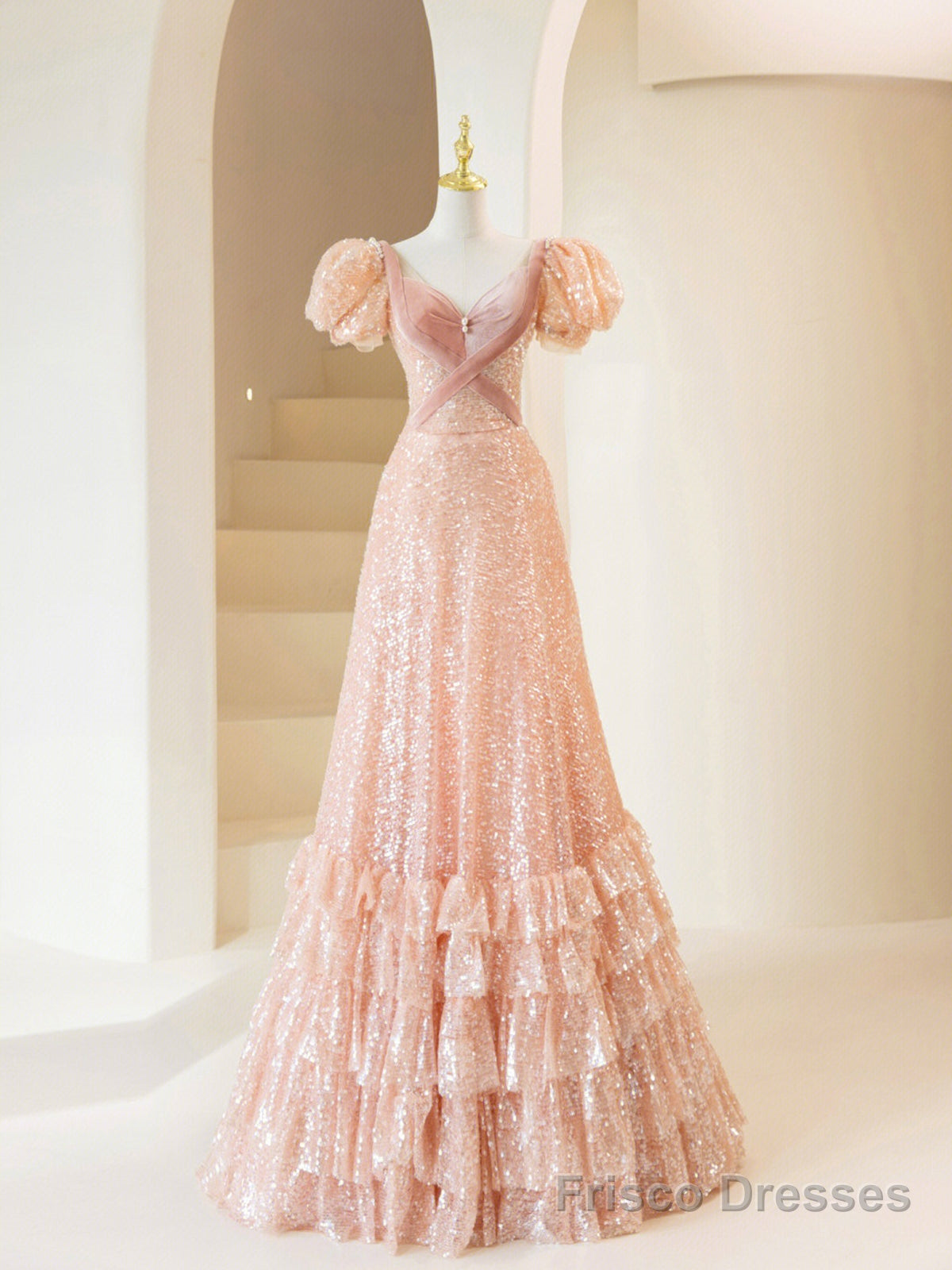 Pink Sequins Long Prom Dress, Lovely A-Line Short Sleeve Evening Party Dress Secondary image
