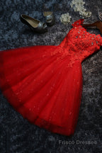 Cute Lace Short A-Line Prom Dresses, Off the Shoulder Party Dresses