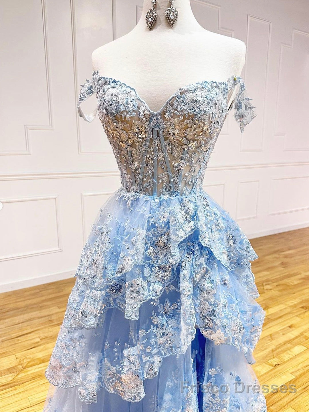 Blue Tulle Sequins Long Prom Dress, Beautiful Off Shoulder Evening Dress Secondary image