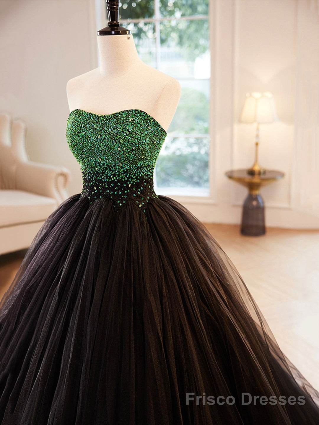 Black Strapless Tulle Long Prom Dress with Green Beaded, A-Line Formal Dress Secondary image