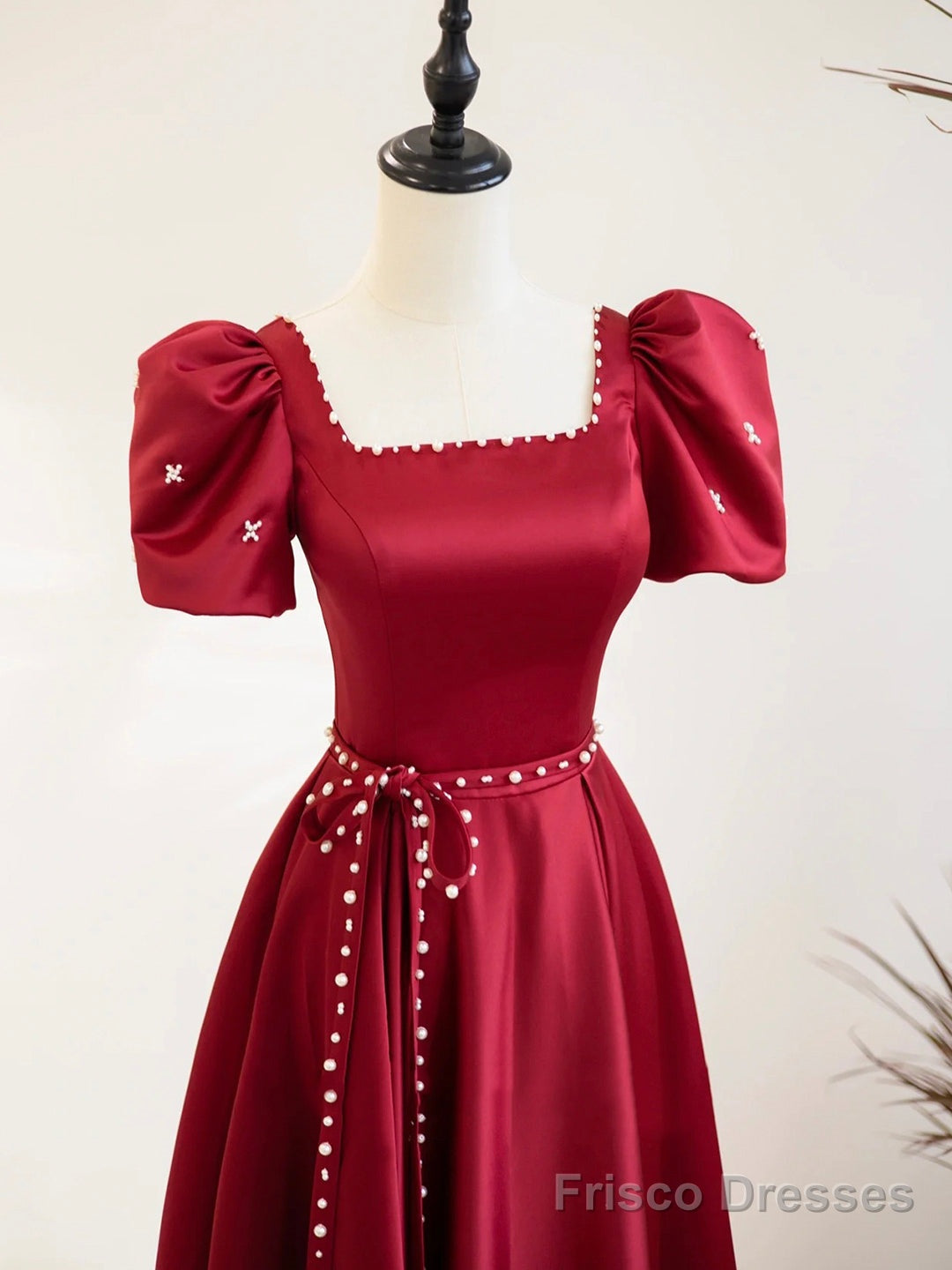 Burgundy Satin Short Sleeve Floor Length Prom Dress, Burgundy Evening Dress with Pearls Secondary image
