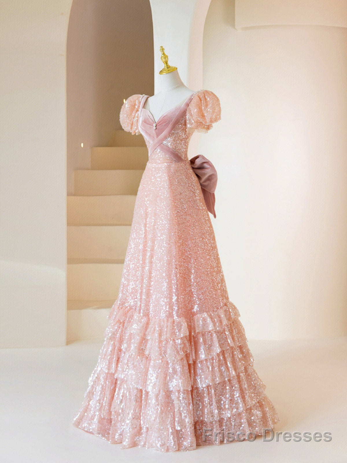 Pink Sequins Long Prom Dress, Lovely A-Line Short Sleeve Evening Party Dress Main image