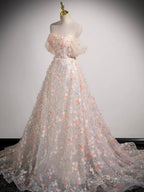 Lovely Three-dimensional Floral Floor Length Prom Dress, Off the Shoulder Evening Party Dress