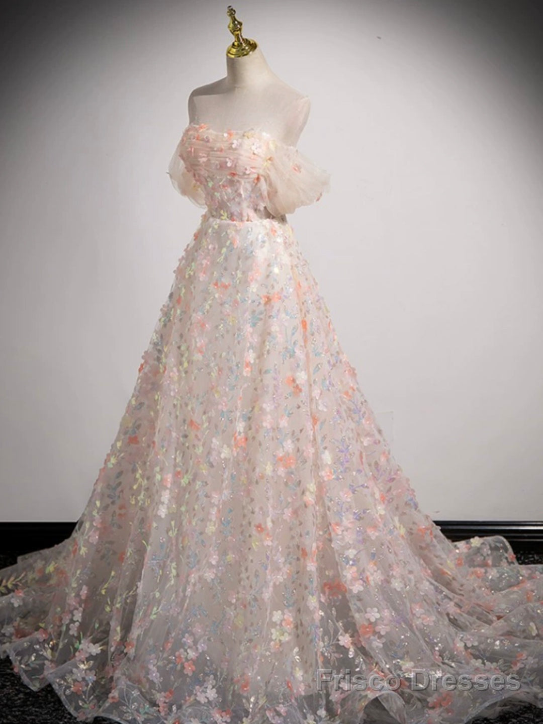 Lovely Three-dimensional Floral Floor Length Prom Dress, Off the Shoulder Evening Party Dress