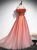 Burgundy Tulle Long Prom Dress, A-Line Off Shoulder Evening Dress