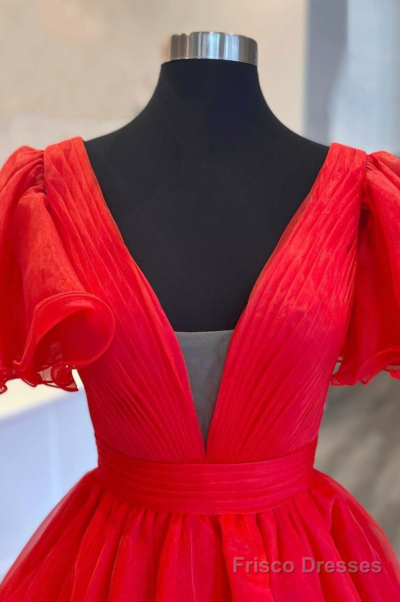 Red Organza Long A-Line Prom Dress, Beautiful V-Neck Evening Dress Secondary image