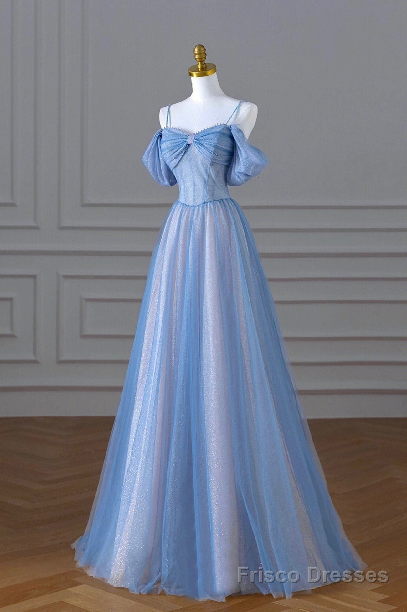 Blue Spaghetti Strap Tulle Floor Length Prom Dress, A-Line Evening Dress Main image