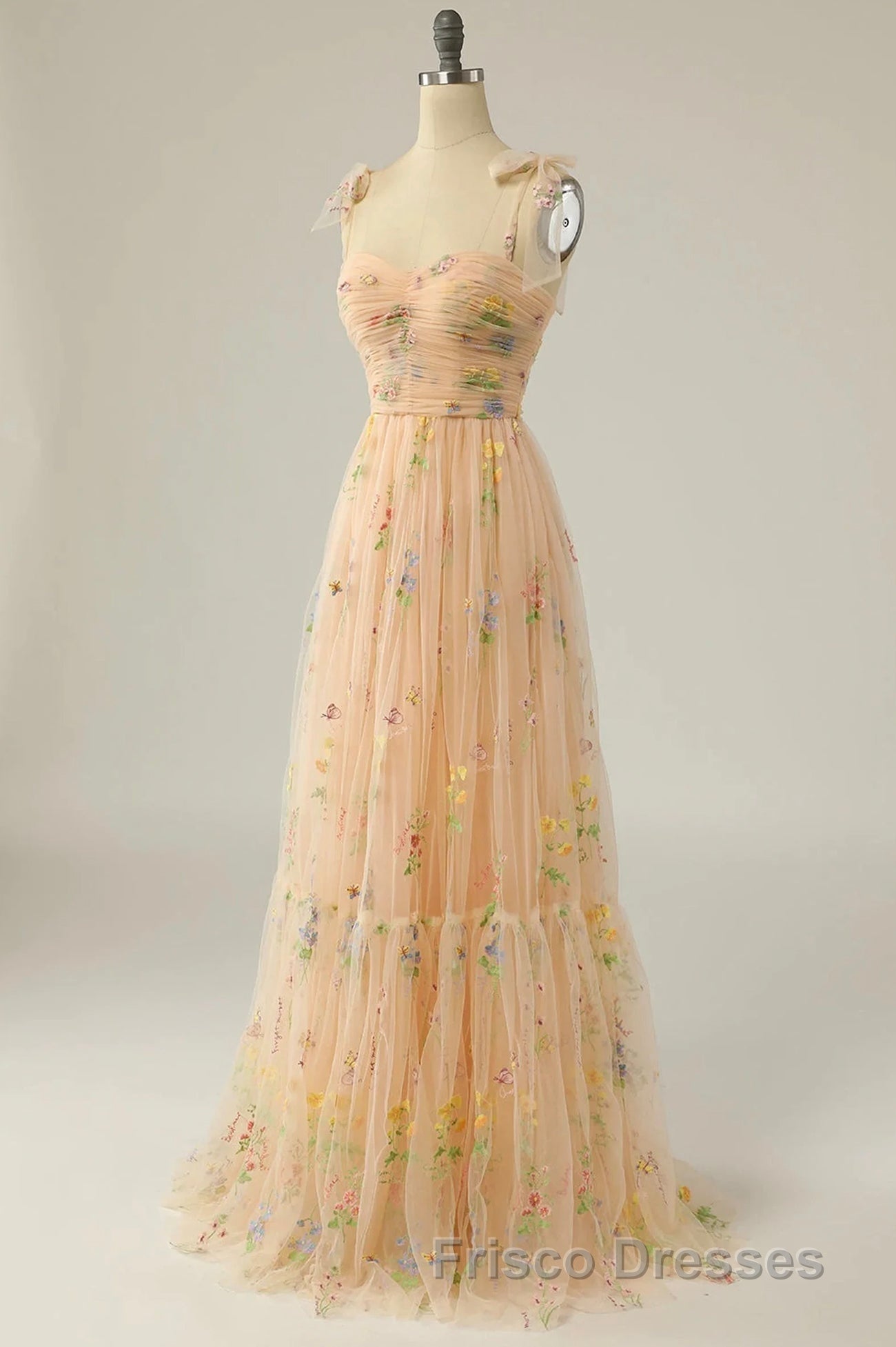 Champagne Lovely Tulle Lace Long Formal Prom Dress, Champagne Evening Dress