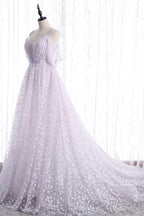 Lovely V-Neck Floral Tulle Long Prom Dress, Lavender A Line Evening Party Dress