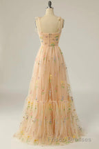 Champagne Lovely Tulle Lace Long Formal Prom Dress, Champagne Evening Dress