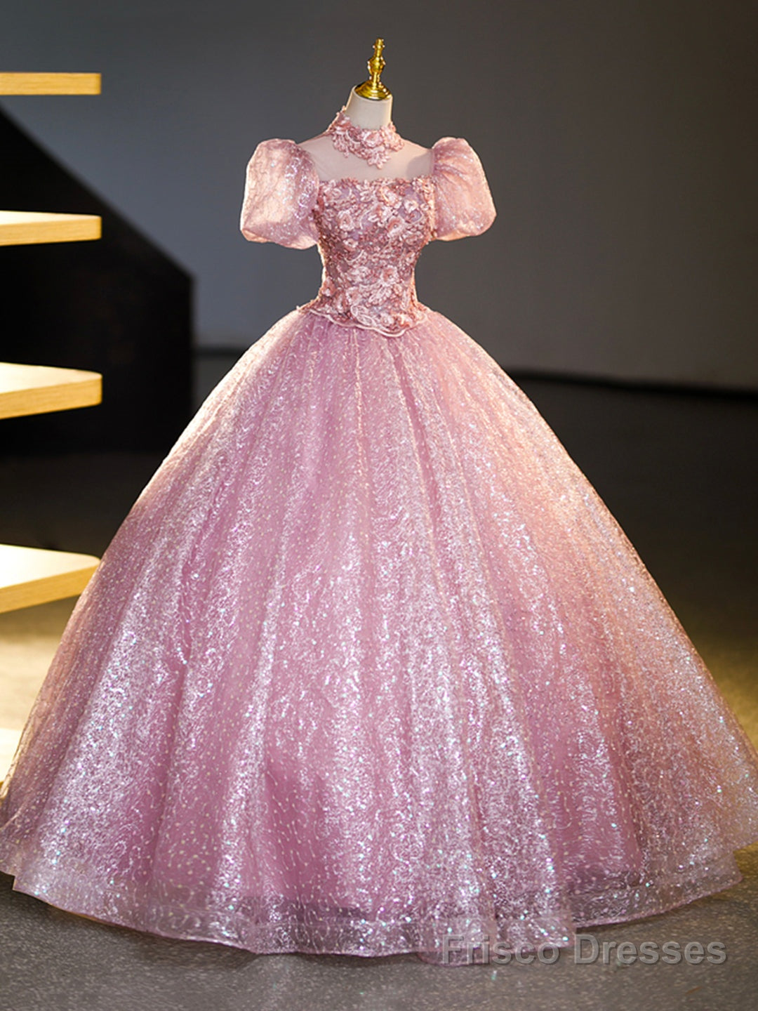 Pink Tulle and Lace Long Prom Dress with Sequins, Beautiful A-Line Sweet 16 Dress Secondary image
