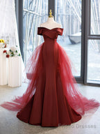 Mermaid V-Neck Satin Long Prom Dress,  Burgundy Off Shoulder Evening Dress with Bow