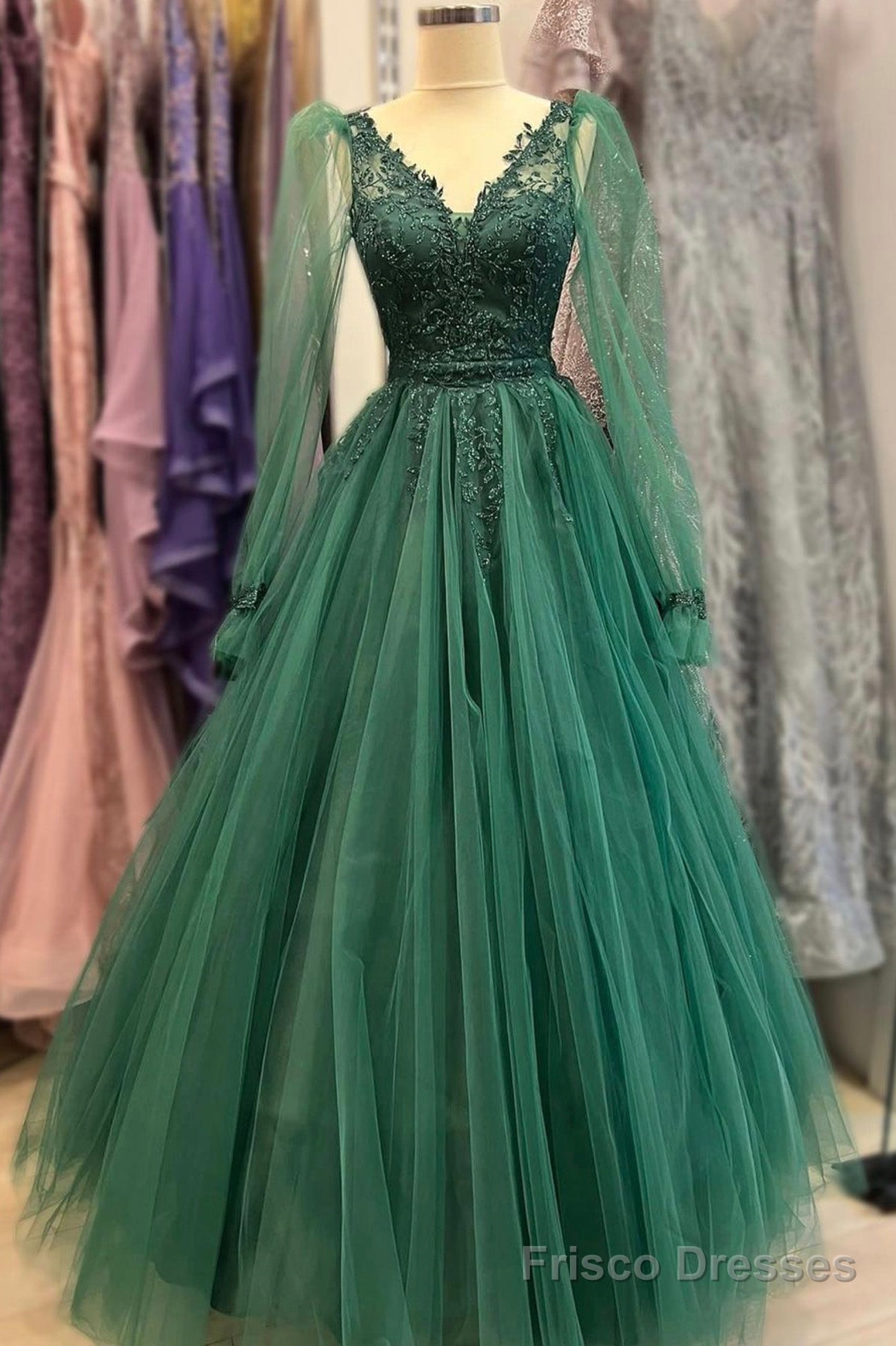 Green V-Neck Tulle Long Prom Dresses, A-Line Long Sleeve Evening Dresses Main image