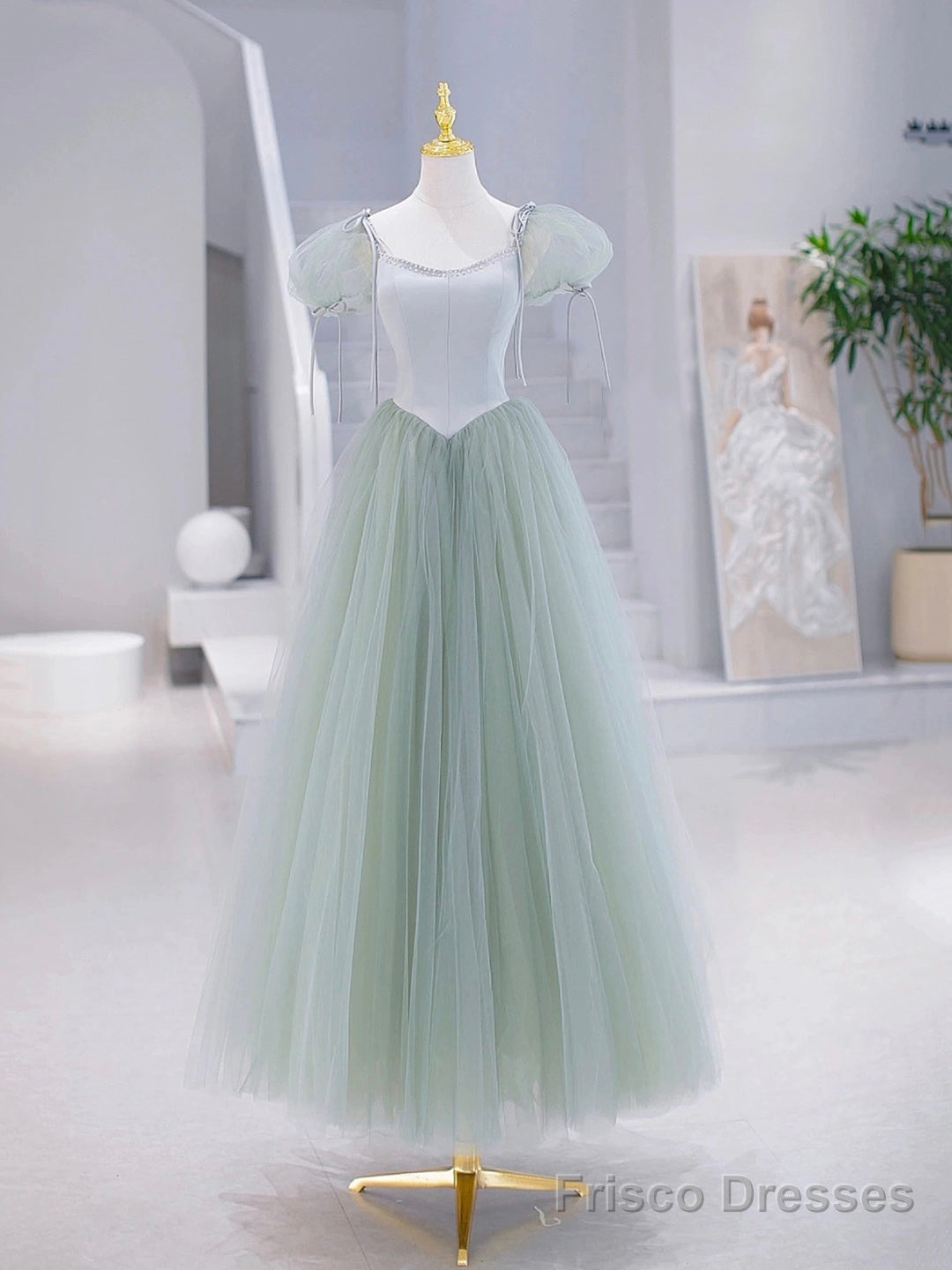 Green Tulle Floor Length Prom Dress, Green Short Sleeve Evening Party Dress Main image