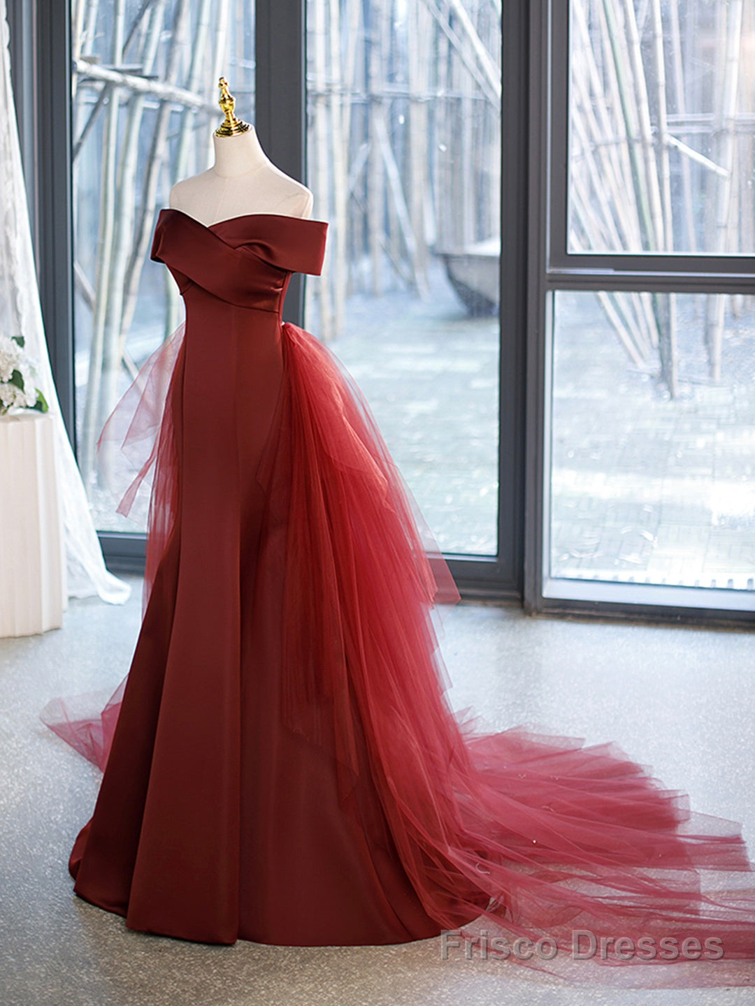 Mermaid V-Neck Satin Long Prom Dress,  Burgundy Off Shoulder Evening Dress with Bow Secondary image