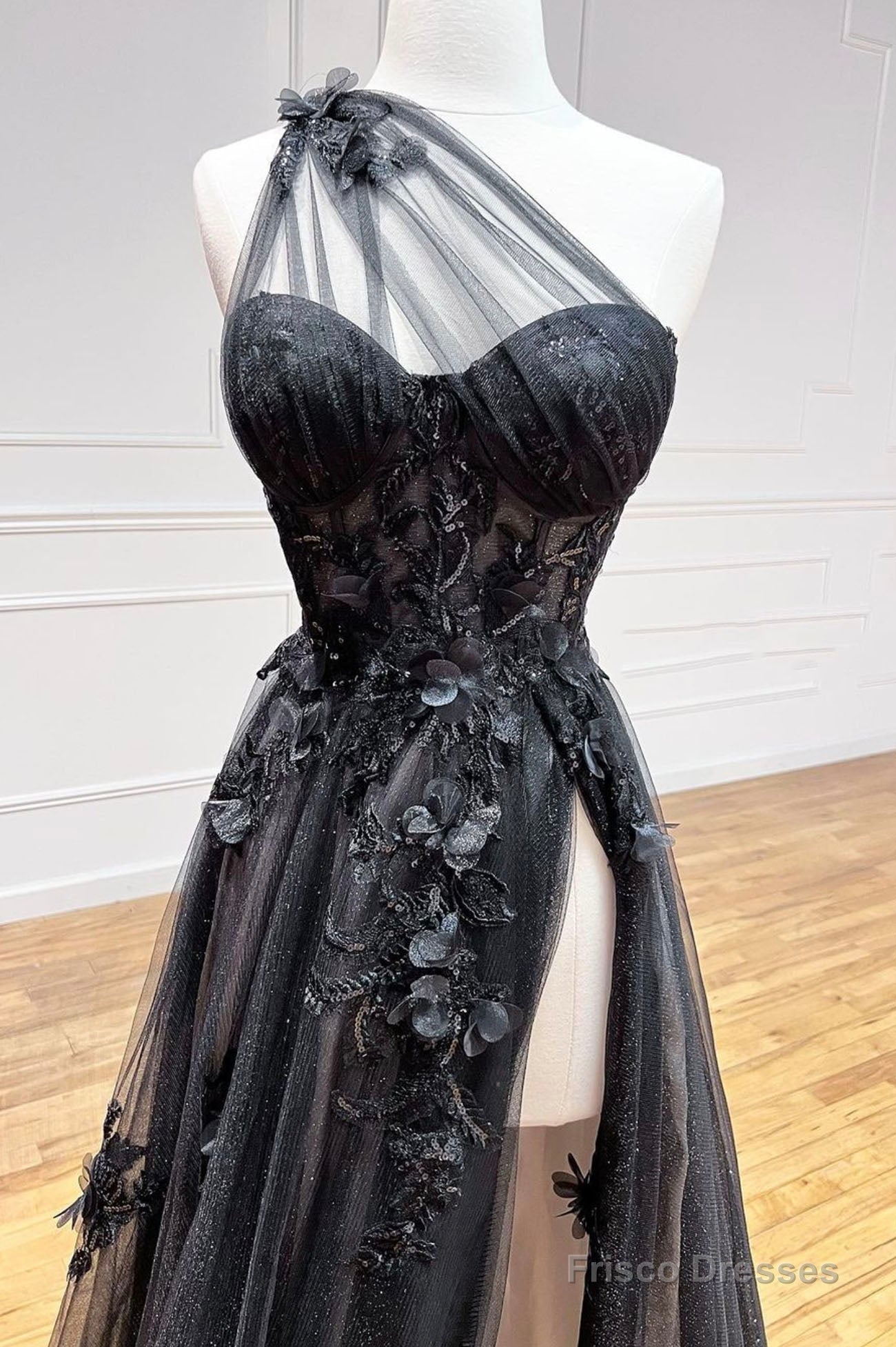Black Tulle Lace Long Prom Dress, One Shoulder Evening Dress with Slit Secondary image