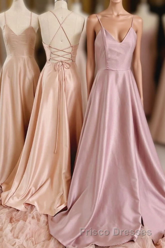 Simple V-Neck Satin Long Formal Prom Dress, A-Line Backless Evening Dress Main image