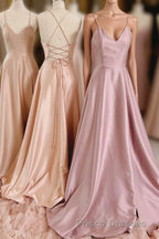 Simple V-Neck Satin Long Formal Prom Dress, A-Line Backless Evening Dress