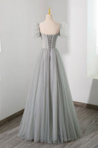 Gray Tulle Beading Long Prom Dress, A-Line Short Sleeve Evening Dress