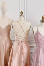 Simple V-Neck Satin Long Formal Prom Dress, A-Line Backless Evening Dress