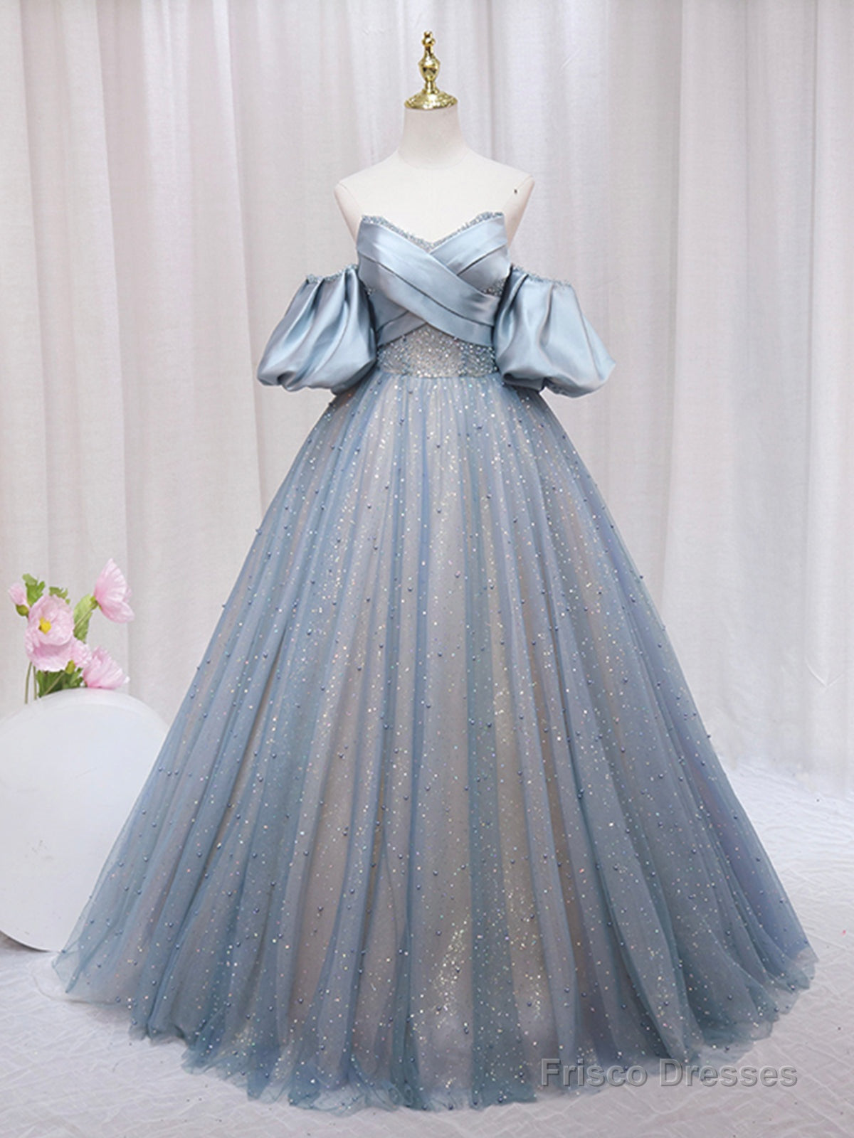 Blue Puff Sleeve Long A-Line Prom Dress, Off the Shoulder Formal Evening Dress Main image