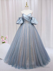 Blue Puff Sleeve Long A-Line Prom Dress, Off the Shoulder Formal Evening Dress