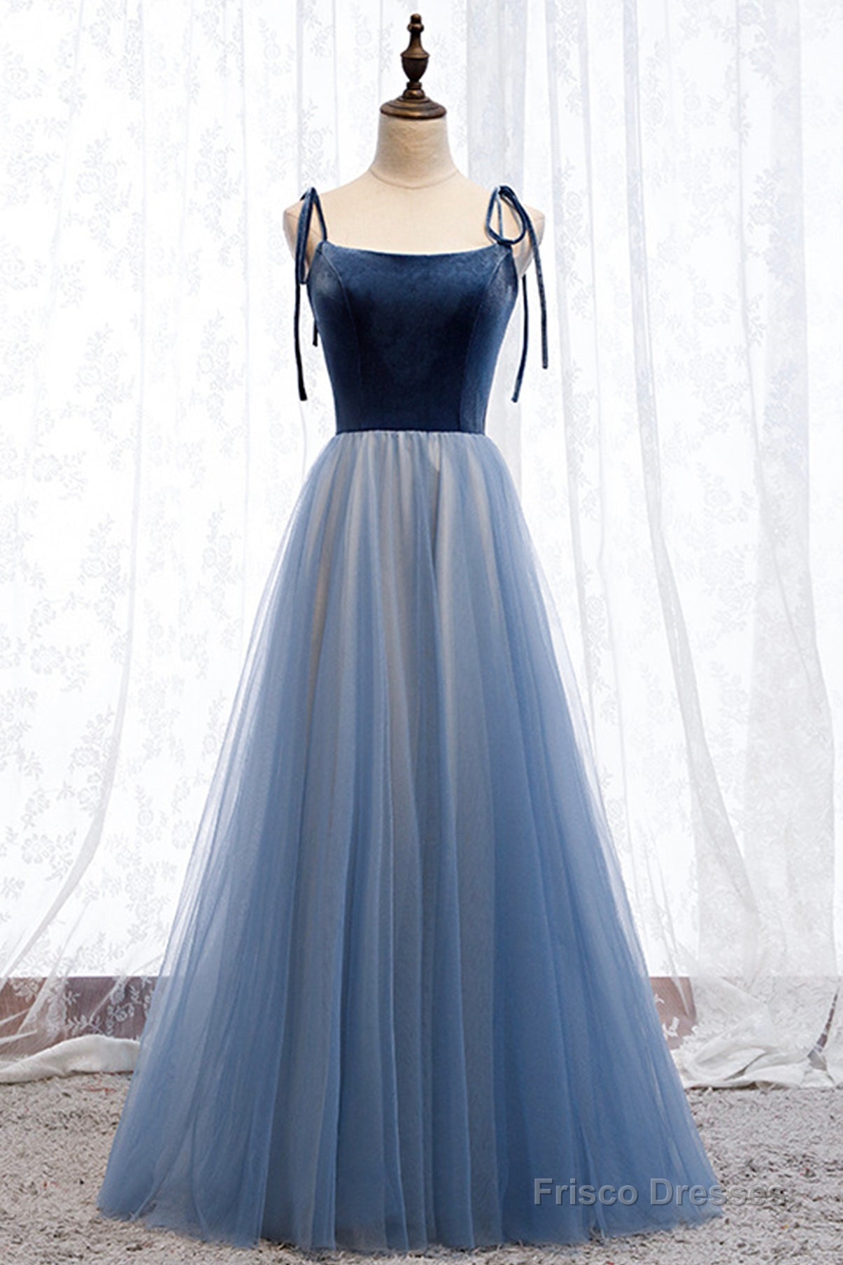 Blue Velvet Tulle Long Prom Dresses, A-Line Evening Dresses Main image