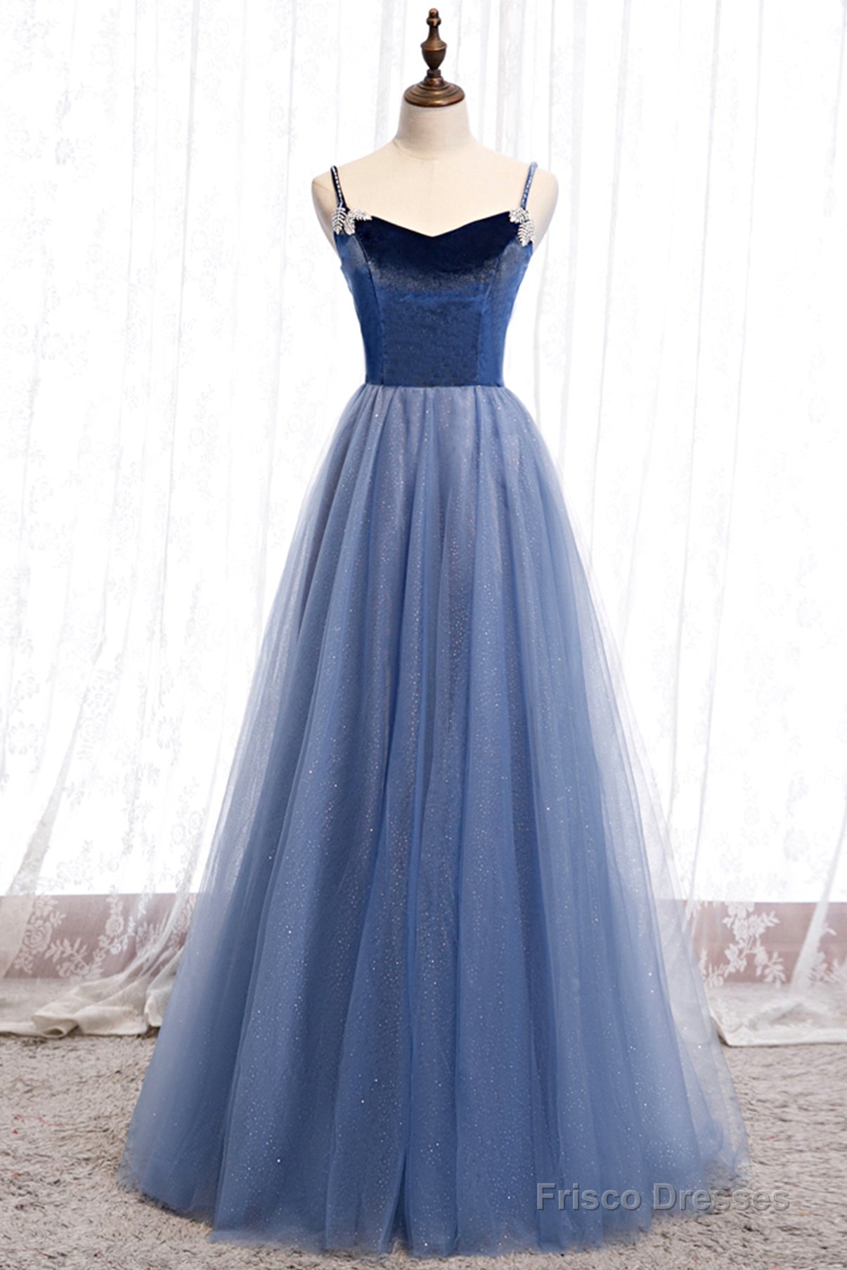 Blue Velvet Tulle Long Prom Dresses, Blue A-Line Evening Dresses Main image